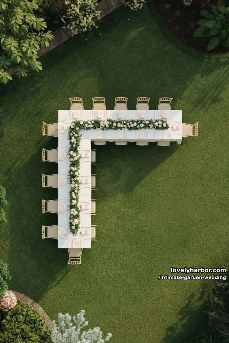 outdoor l-shaped table gathering, green garlands, pink napkins, string lights 1
