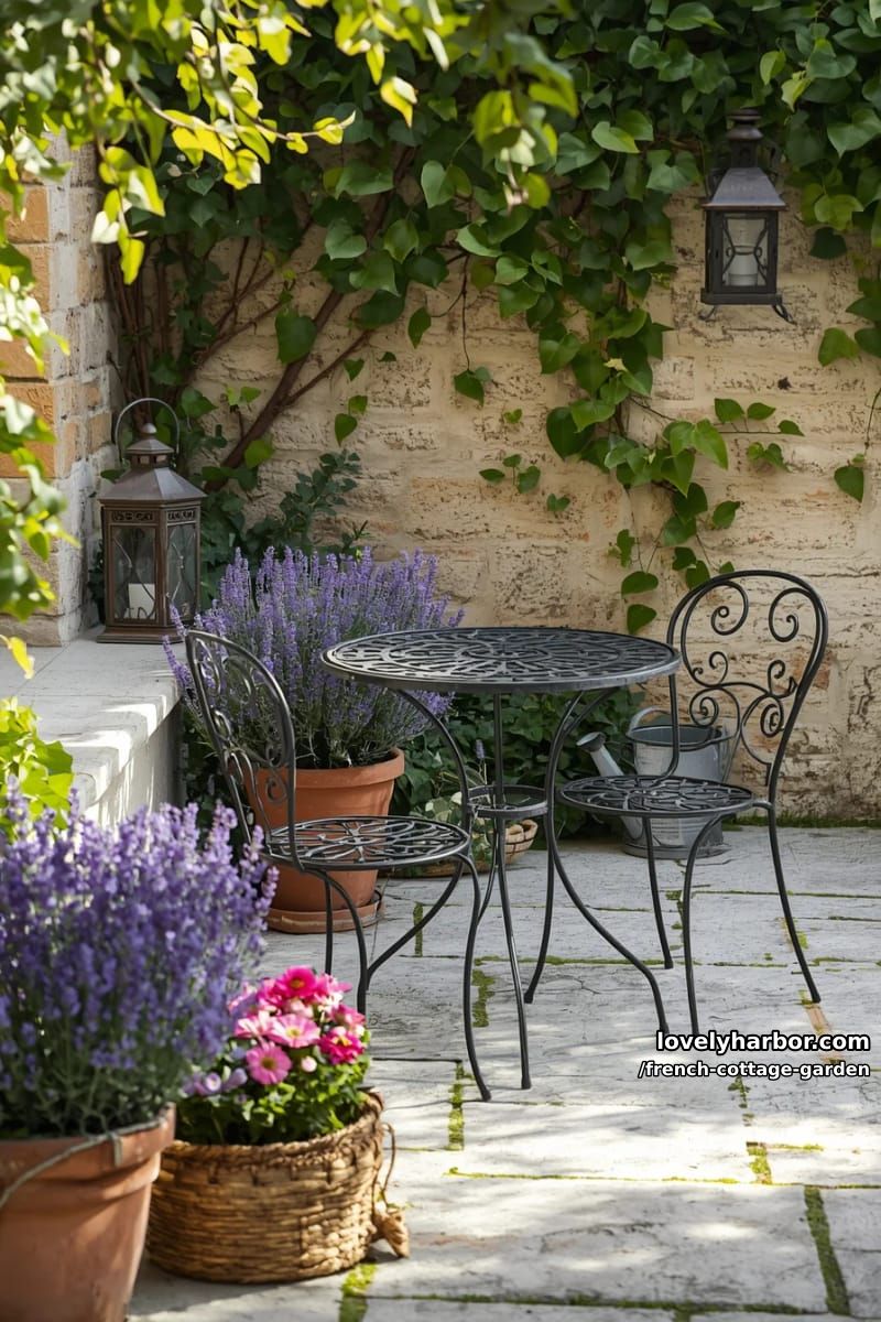 outdoor patio with metal bistro set, terracotta lavender pots, and stone wall 1