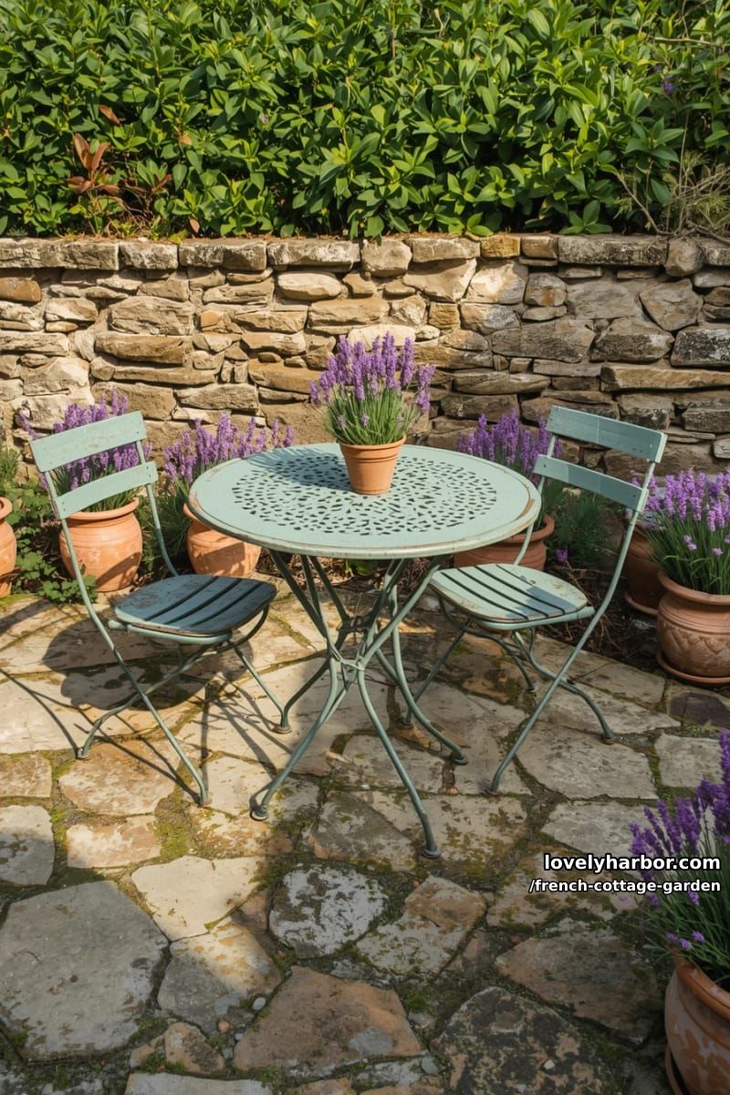 outdoor patio with metal bistro set, terracotta lavender pots, and stone wall 1