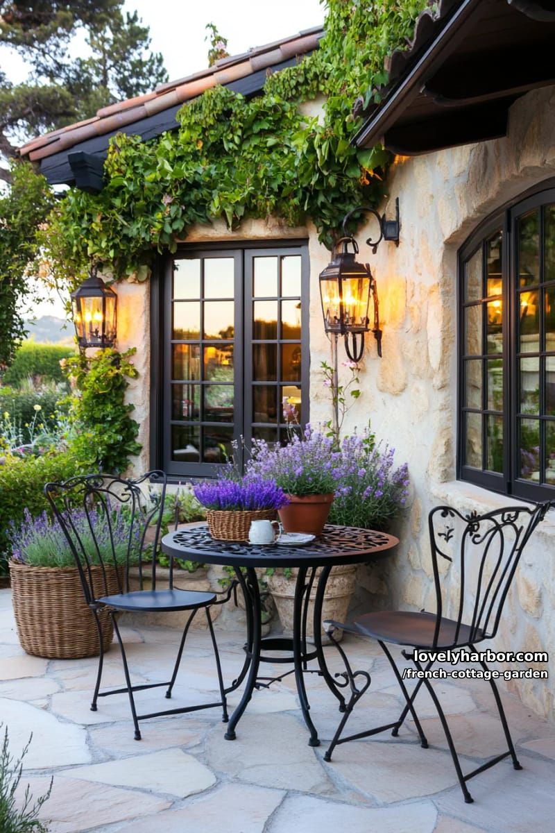 outdoor patio with metal bistro set, terracotta lavender pots, and stone wall 1