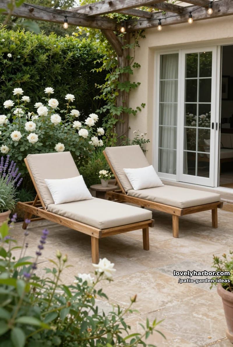 outdoor patio with pergola, lounge chairs, string lights, and flowering plants. 1