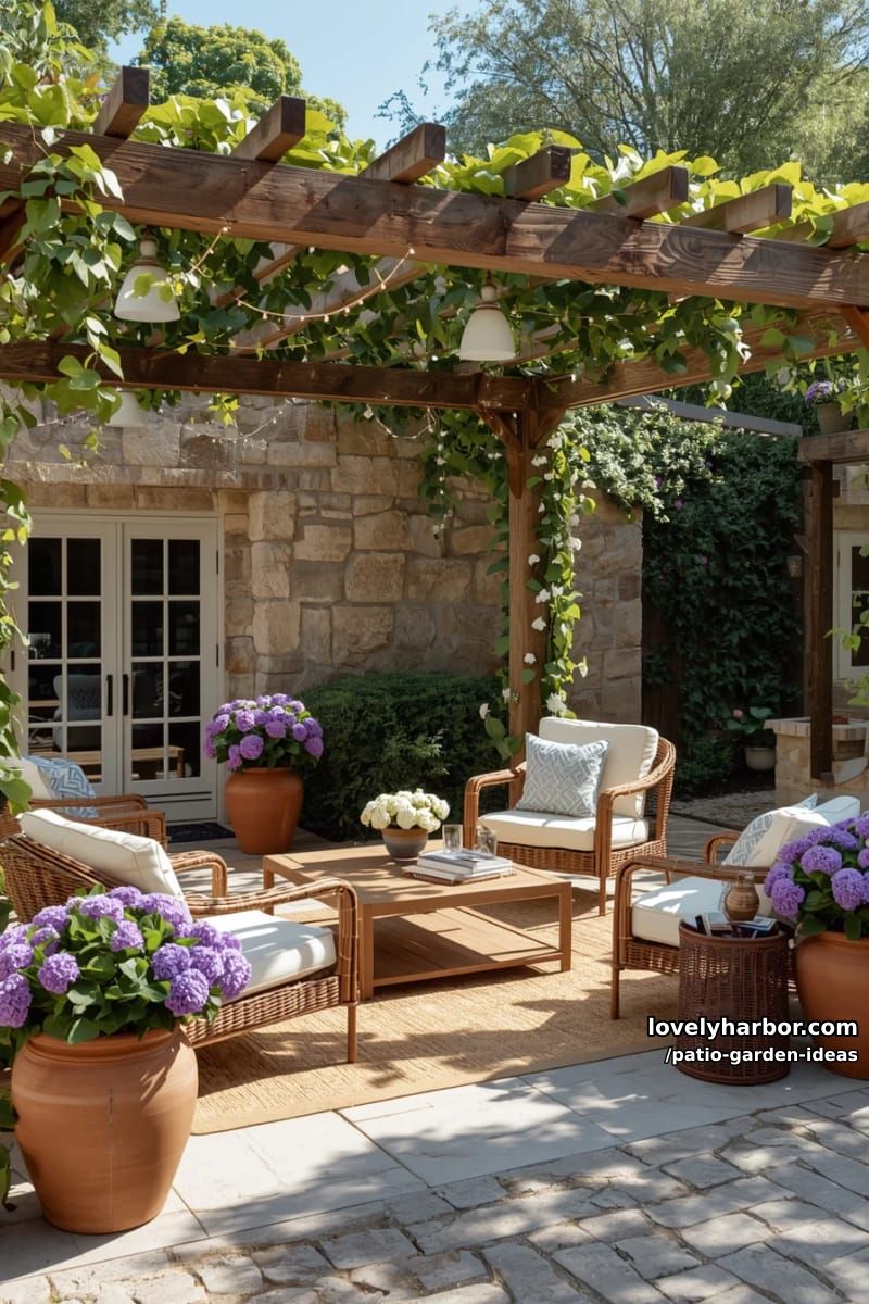 outdoor patio with pergola, lounge chairs, string lights, and flowering plants. 1