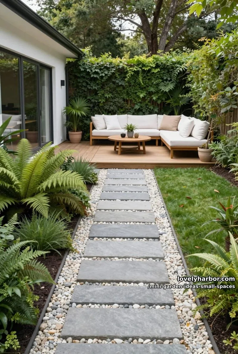 20 Mini Garden Ideas For Small Spaces 35 outdoor patio with stone path, lush greenery, and wooden deck seating. 1