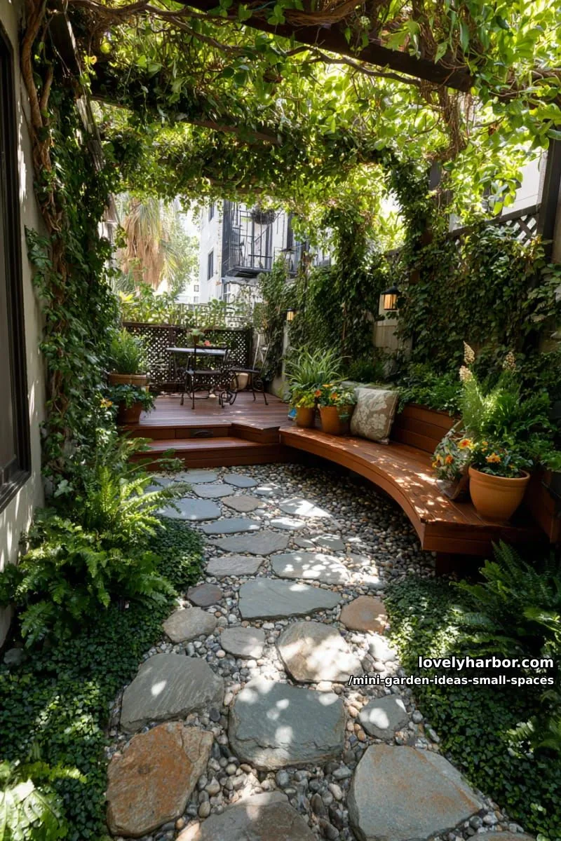 20 Mini Garden Ideas For Small Spaces 36 outdoor patio with stone path, lush greenery, and wooden deck seating. 1