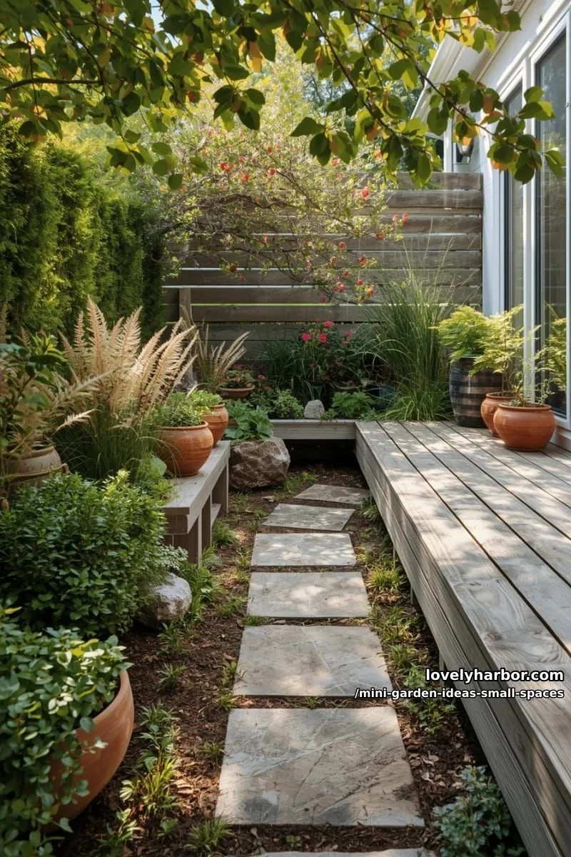 20 Mini Garden Ideas For Small Spaces 37 outdoor patio with stone path, lush greenery, and wooden deck seating. 1