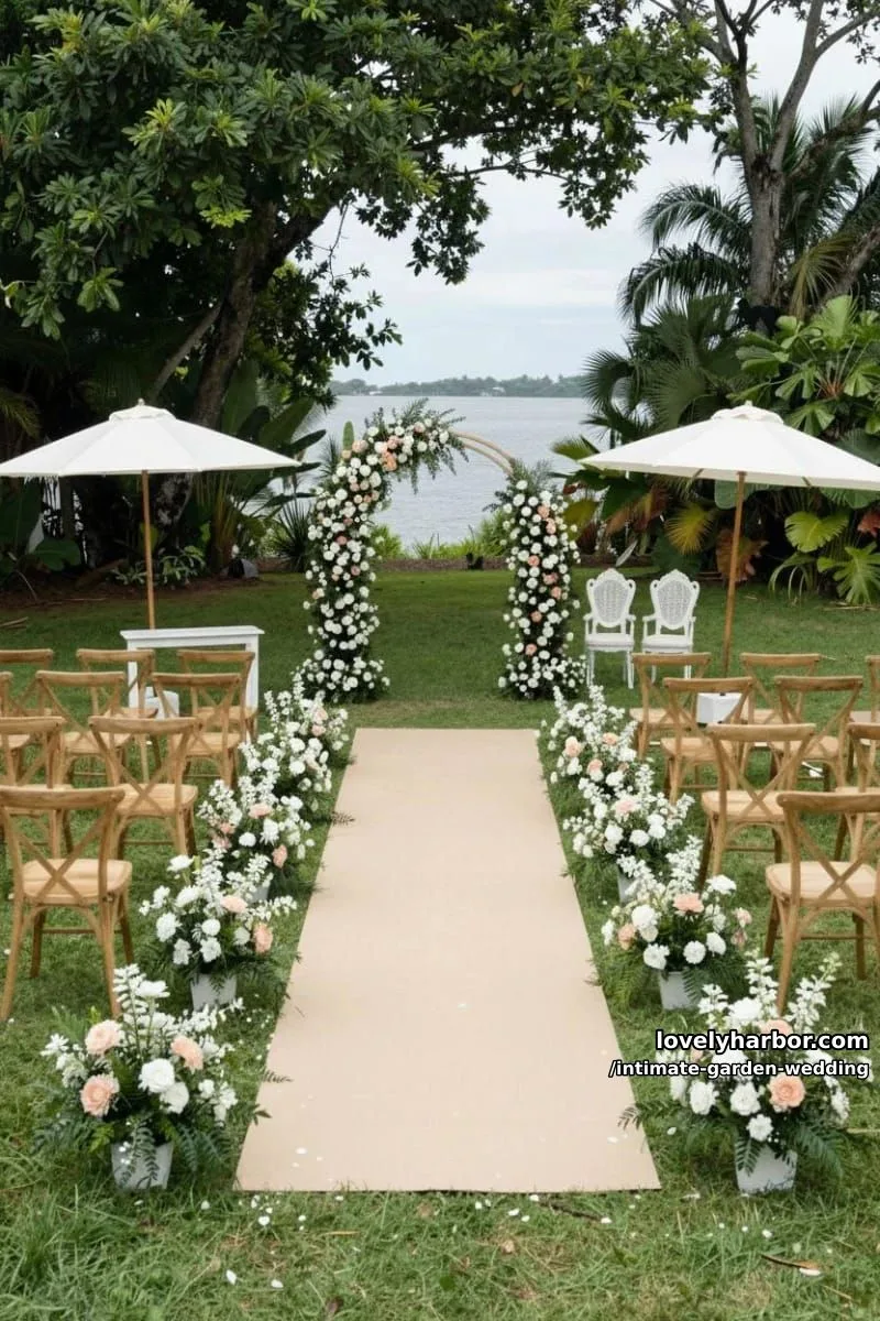 outdoor wedding ceremony by water, pastel florals, arch, parasols, lush greenery 1