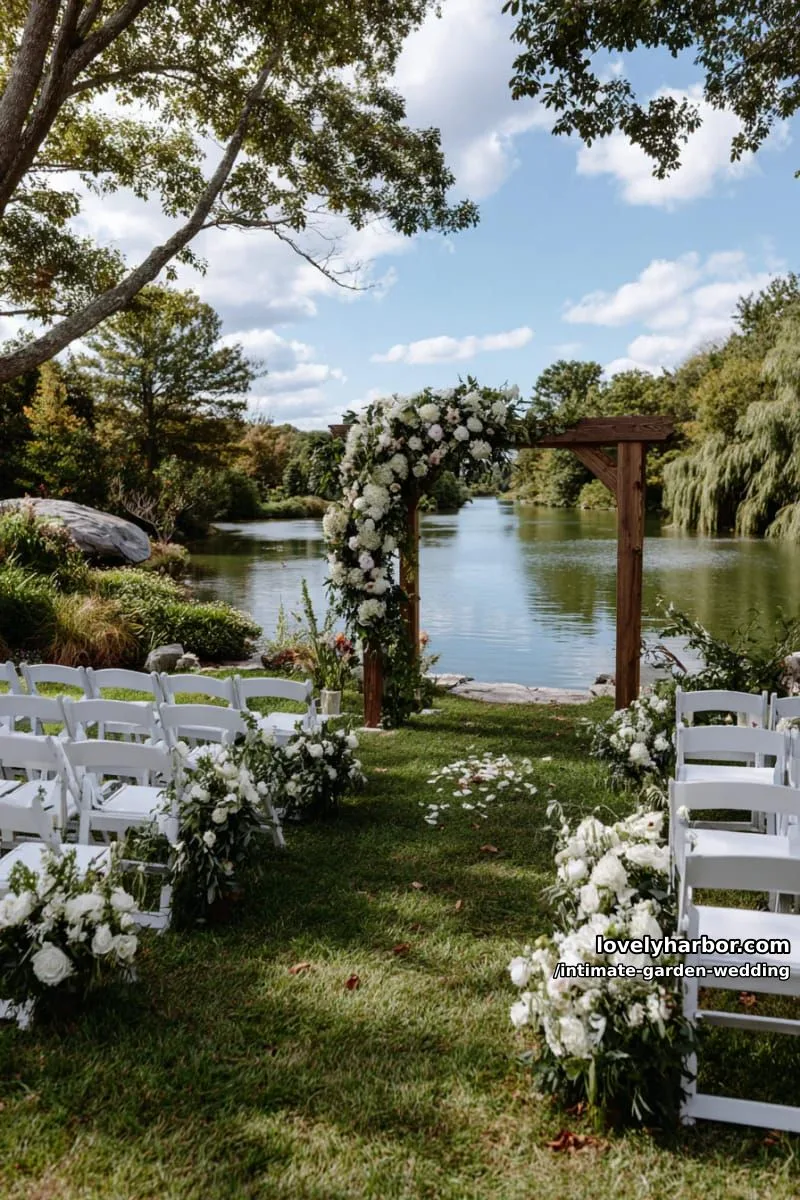 outdoor wedding ceremony by water, pastel florals, arch, parasols, lush greenery 1