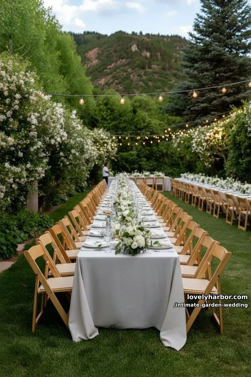 outdoor wedding reception in green garden, long table, glowing string lights 1