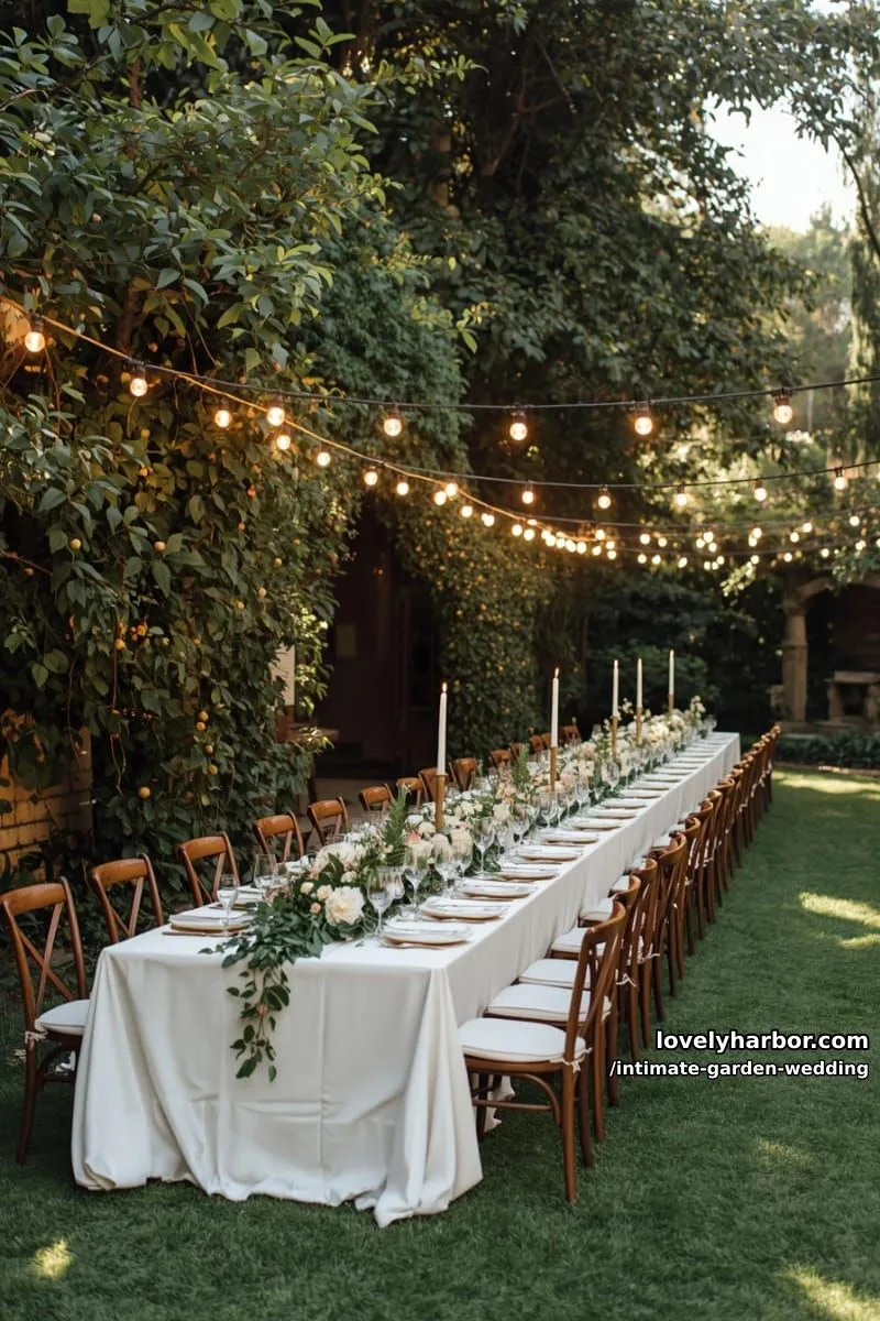 outdoor wedding reception in green garden, long table, glowing string lights 1