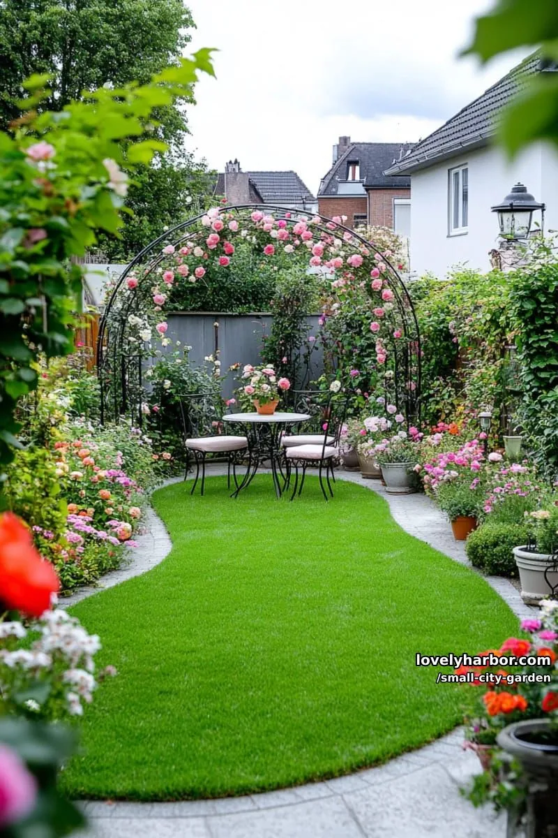 20 Small City Garden To Transform Your Space 39 oval lawn surrounded by diverse greenery, flowering plants, and climbing roses. 1