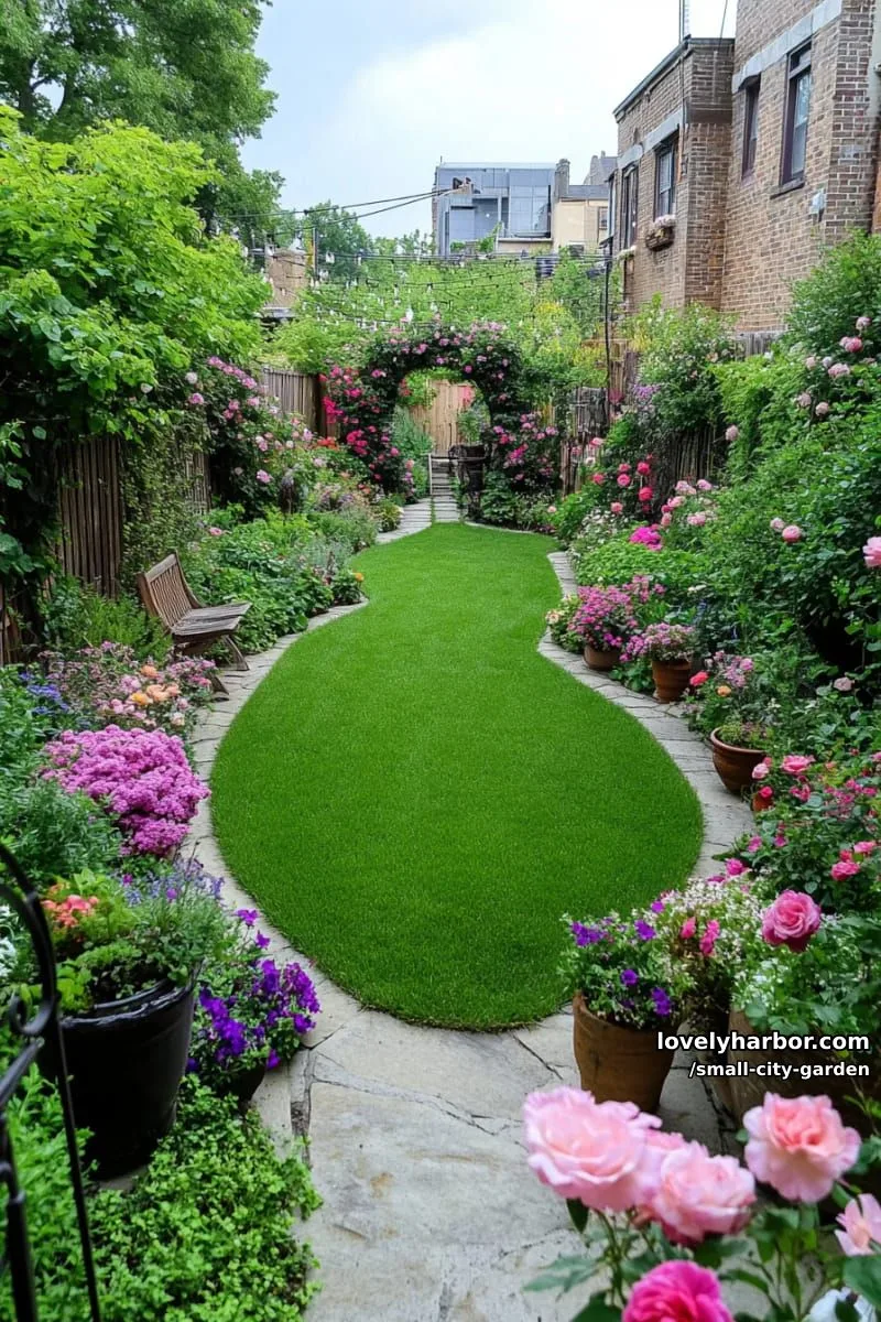 20 Small City Garden To Transform Your Space 40 oval lawn surrounded by diverse greenery, flowering plants, and climbing roses. 1