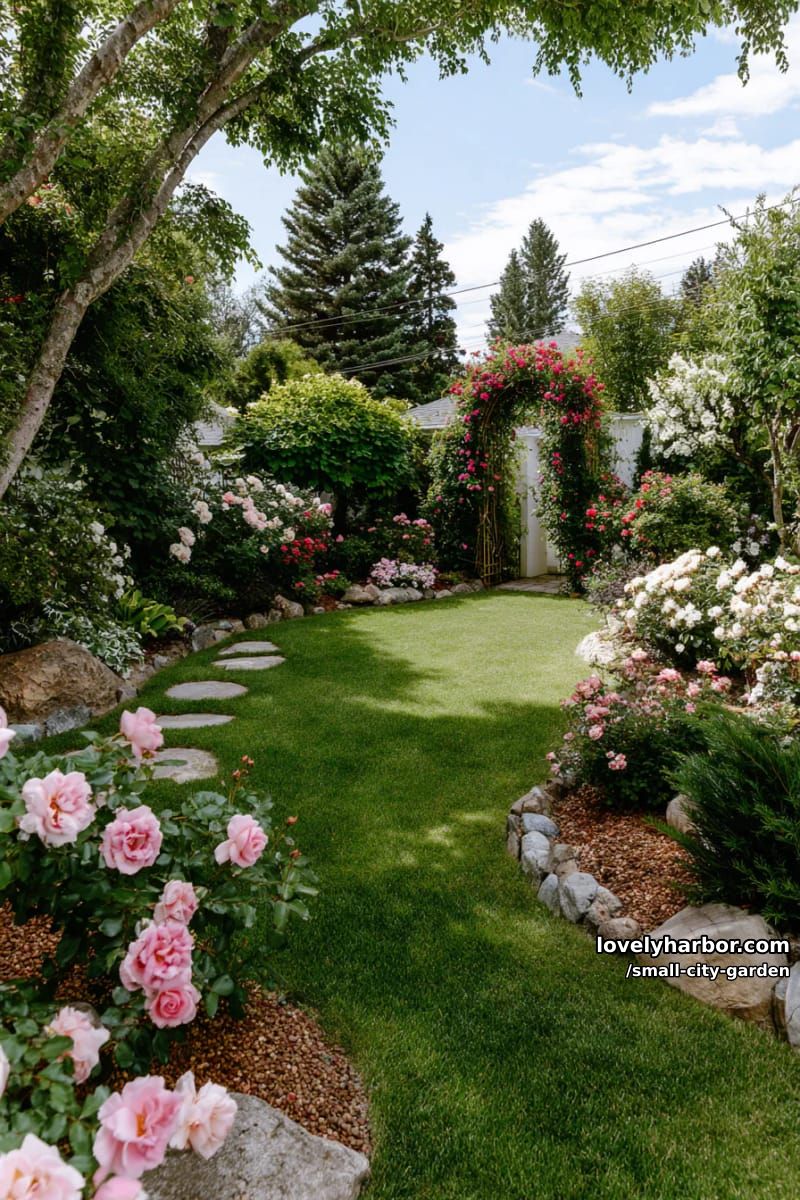 20 Small City Garden To Transform Your Space 42 oval lawn surrounded by diverse greenery, flowering plants, and climbing roses. 1