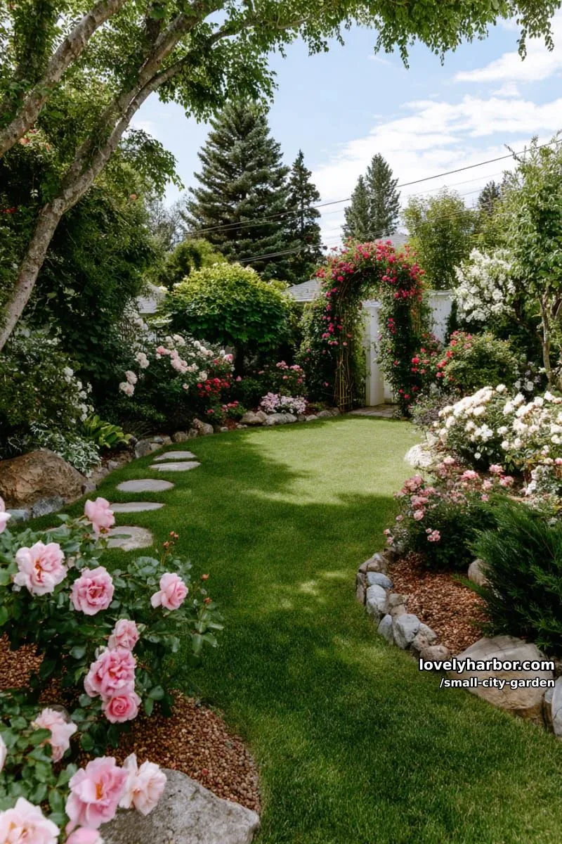 20 Small City Garden To Transform Your Space 41 oval lawn surrounded by diverse greenery, flowering plants, and climbing roses. 1
