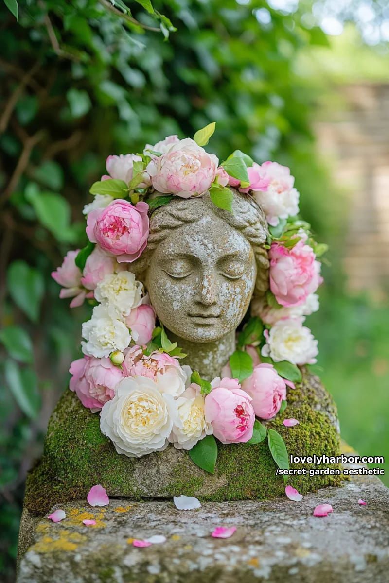 overgrown statue partially veiled by twisting vines and delicate blossoms 1