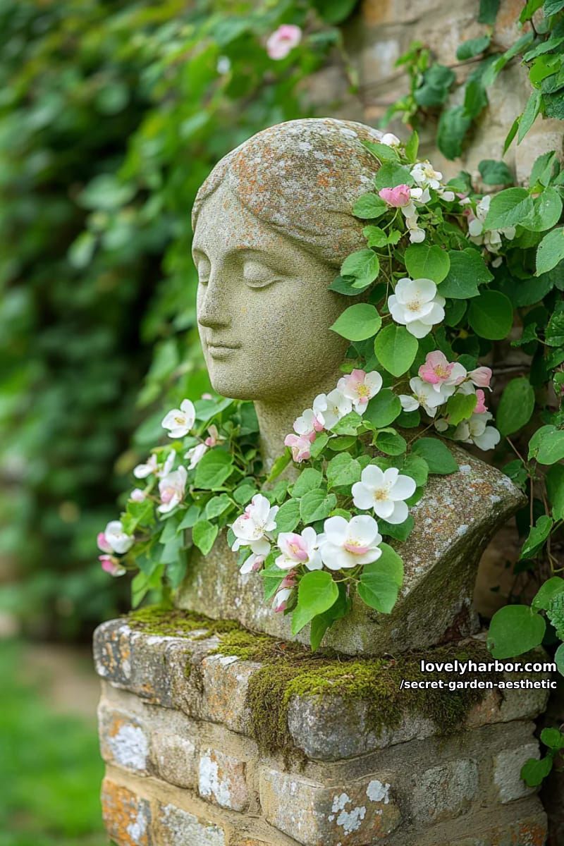 overgrown statue partially veiled by twisting vines and delicate blossoms 1