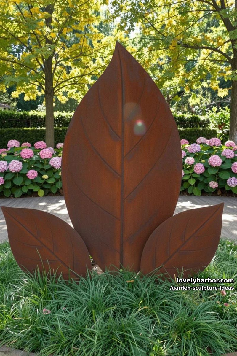 overlapping rusted metal leaf sculpture in landscaped garden with hydrangeas. 1