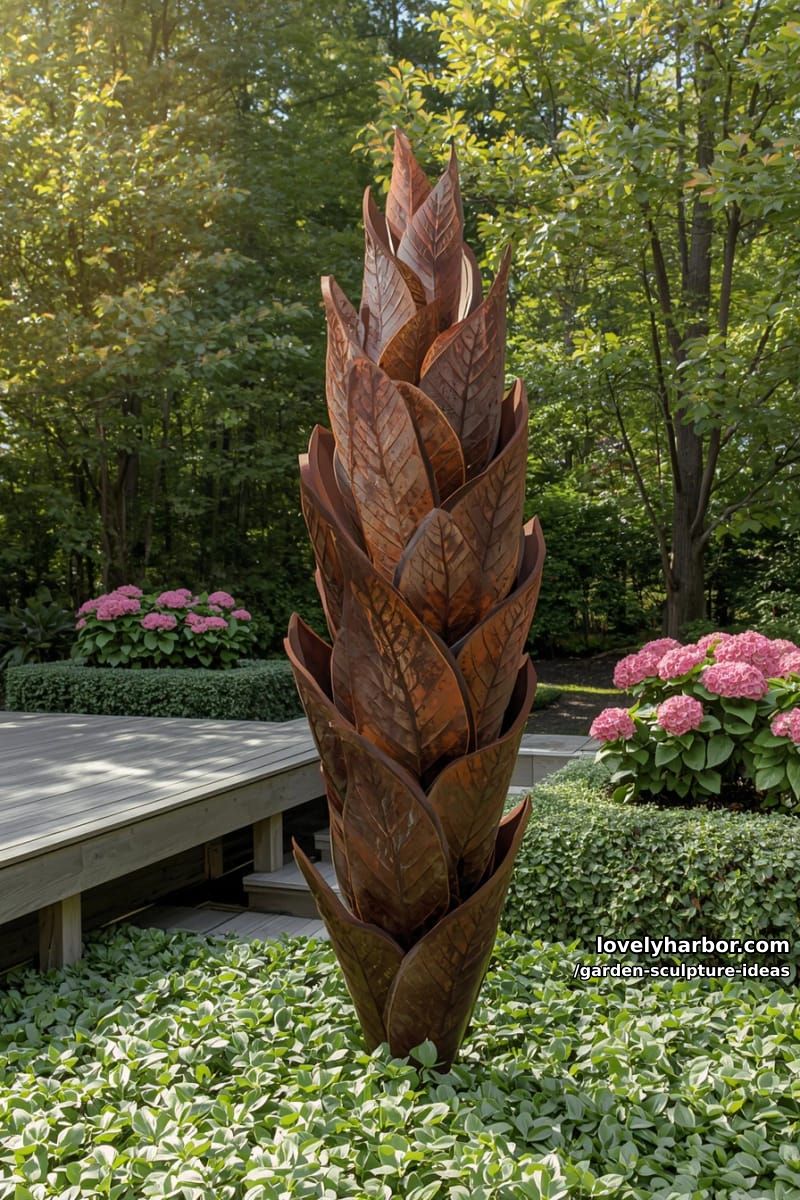 overlapping rusted metal leaf sculpture in landscaped garden with hydrangeas. 1
