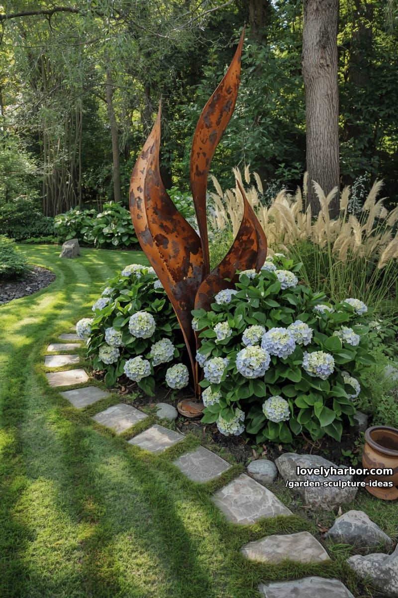 overlapping rusted metal leaf sculpture in landscaped garden with hydrangeas. 1