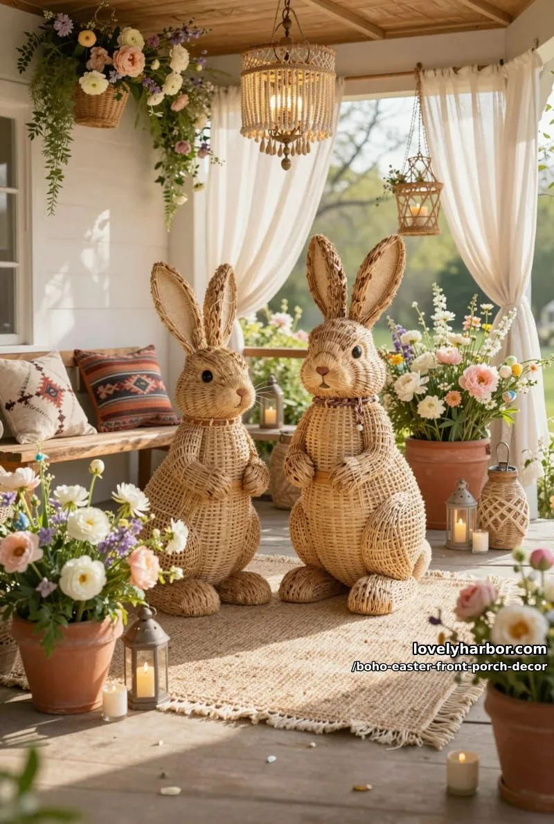 oversized rattan bunny statues surrounded by cascading boho spring florals 1
