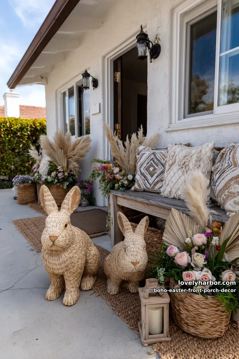 oversized rattan bunny statues surrounded by cascading boho spring florals 1