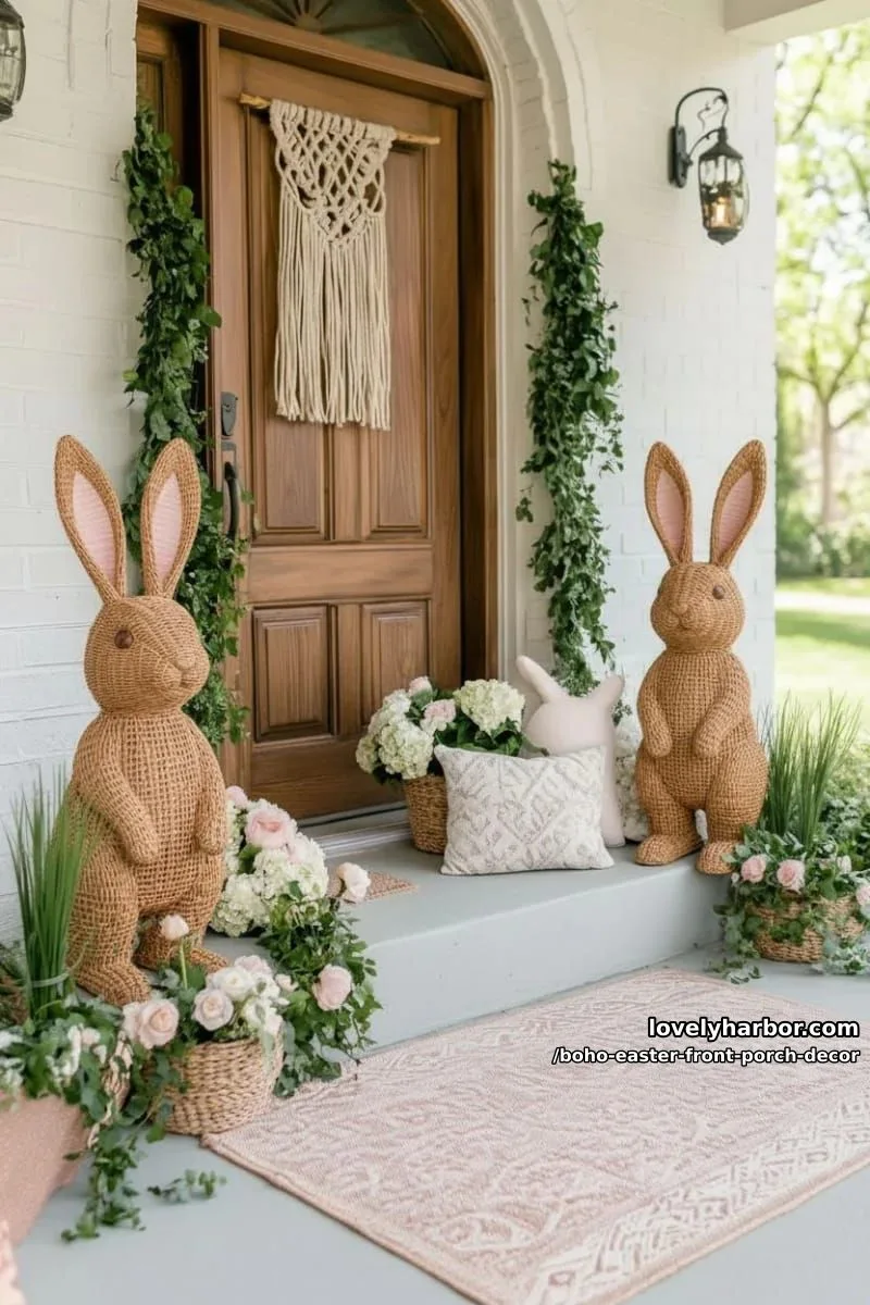 oversized rattan bunny statues surrounded by cascading boho spring florals 1