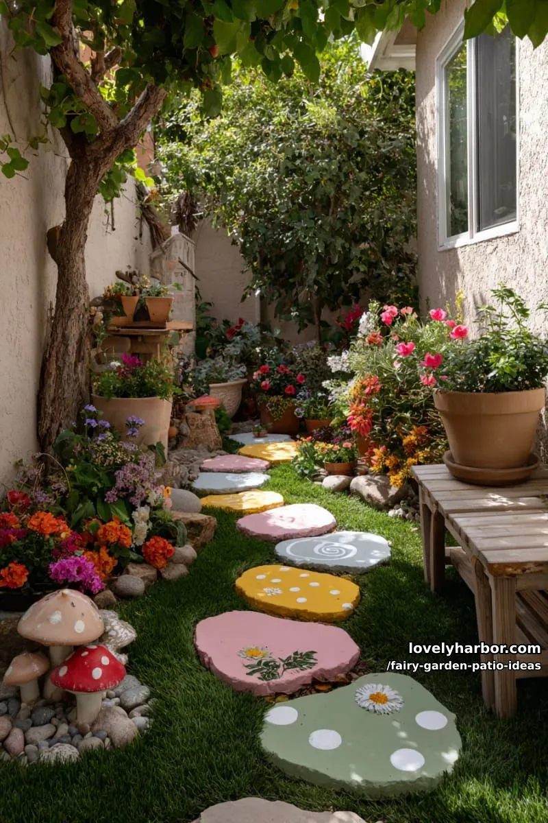 15 Enchanting Fairy Garden Patio Ideas to Inspire Your Space 27 paint colorful stepping stones for fairies to dance across your patio garden. 1