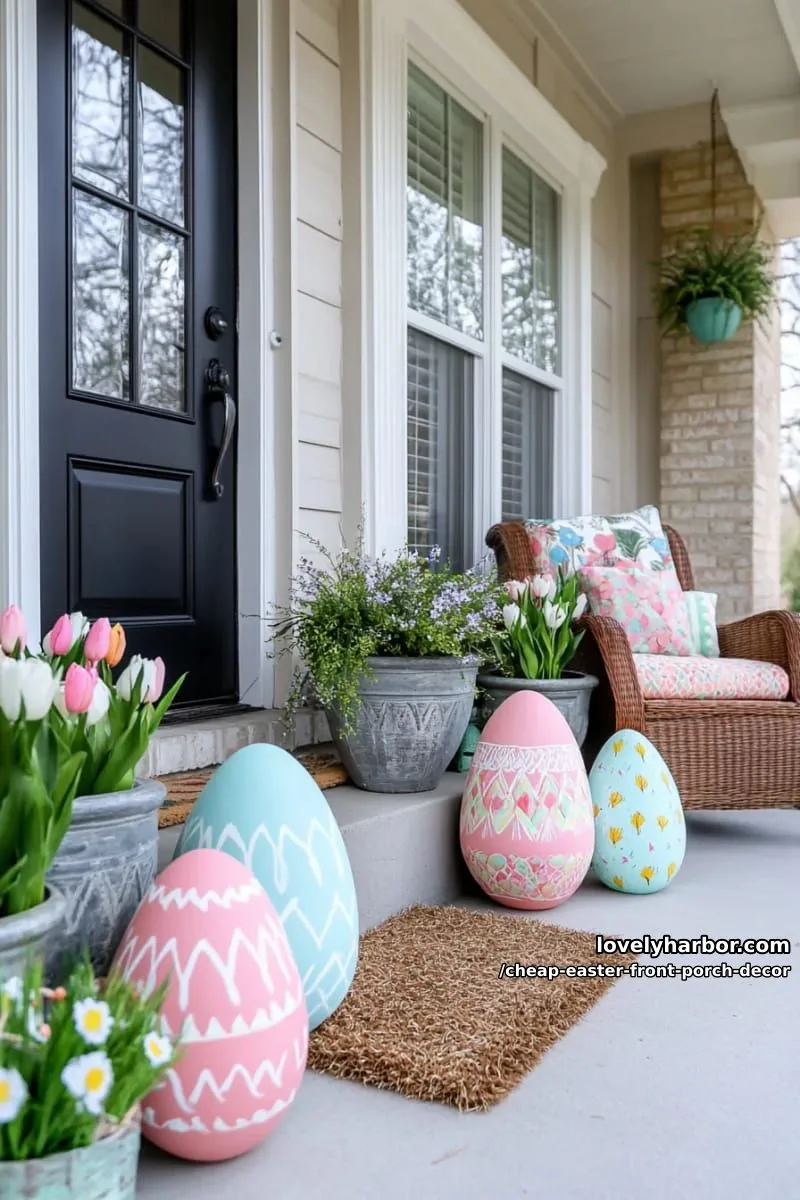 15 Cheap Easter Front Porch Decor Ideas On A Budget 2 paint oversized cardboard easter eggs for a bold, colorful porch display 1