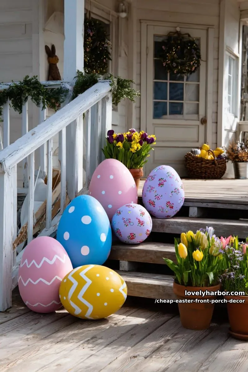 15 Cheap Easter Front Porch Decor Ideas On A Budget 3 paint oversized cardboard easter eggs for a bold, colorful porch display 1