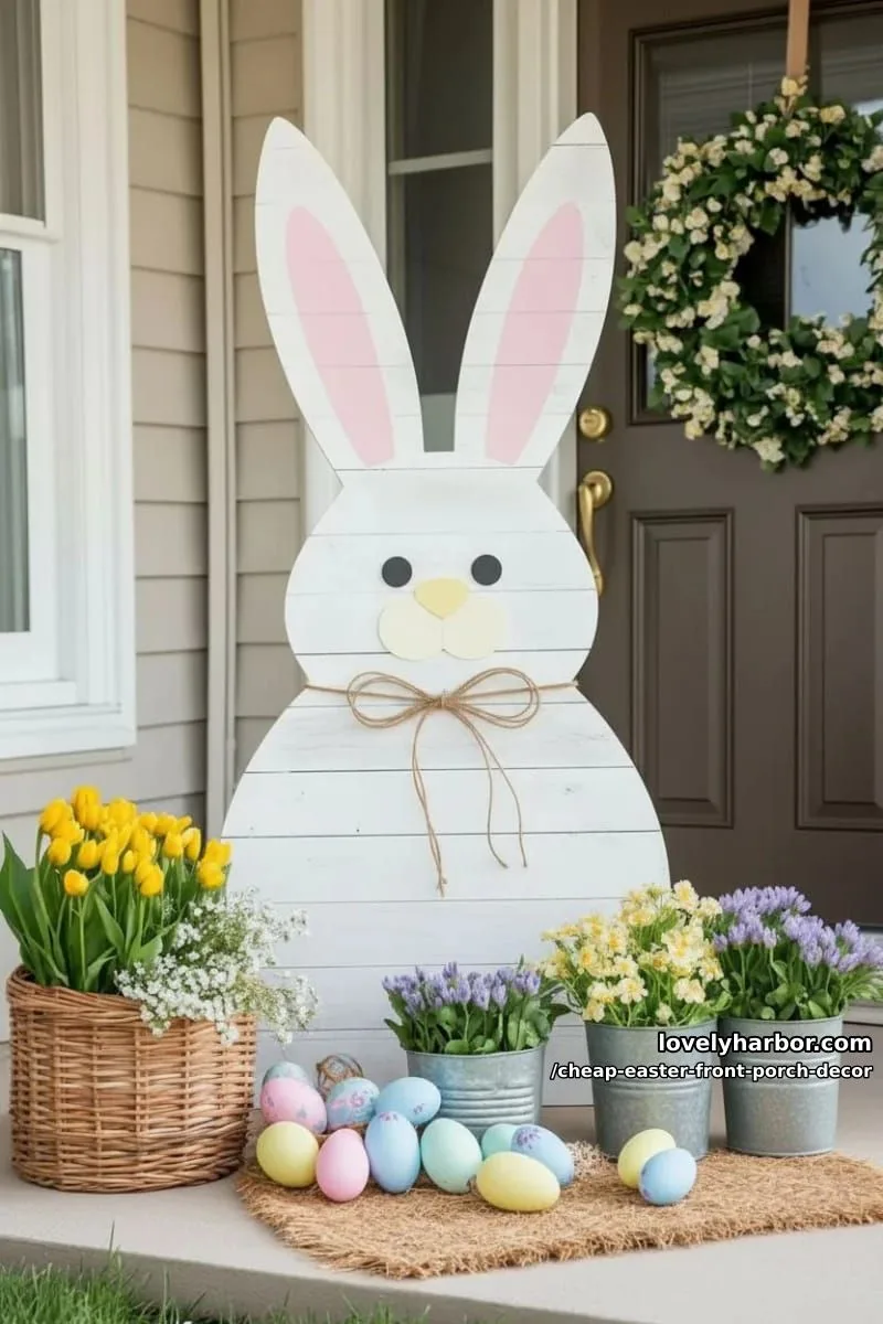 15 Cheap Easter Front Porch Decor Ideas On A Budget 23 painted pallet board sign shaped like an easter bunny silhouette 1