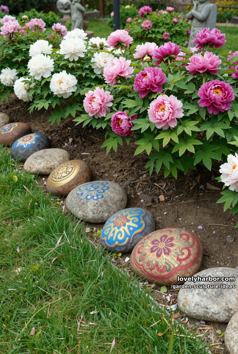 painted rocks with intricate patterns among blooming peonies and green grass. 1