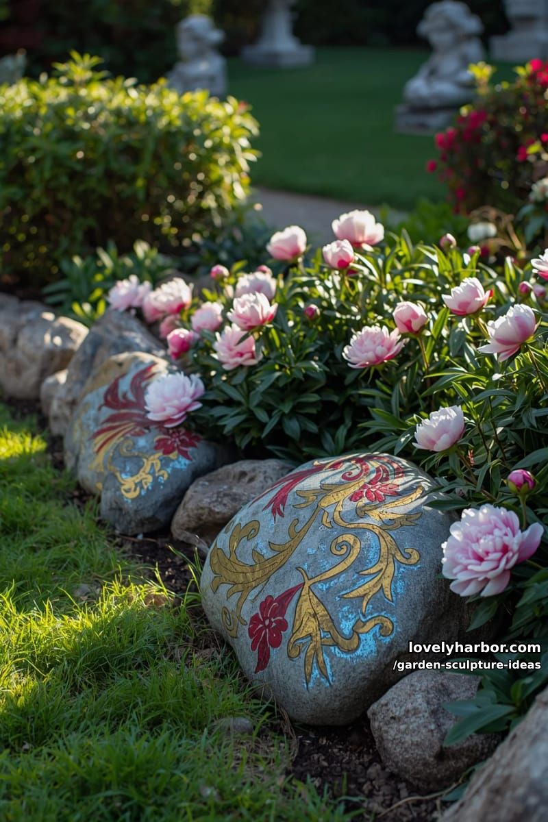 painted rocks with intricate patterns among blooming peonies and green grass. 1
