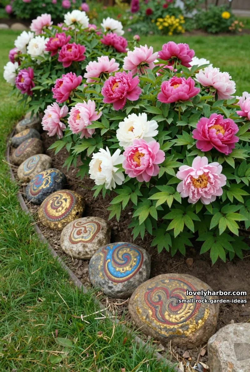 painted stones bordering peony flower bed with swirling colorful patterns. 1