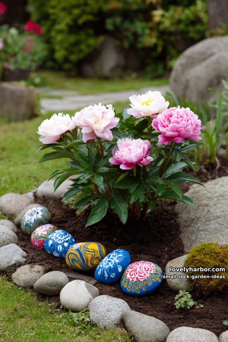 painted stones bordering peony flower bed with swirling colorful patterns. 1