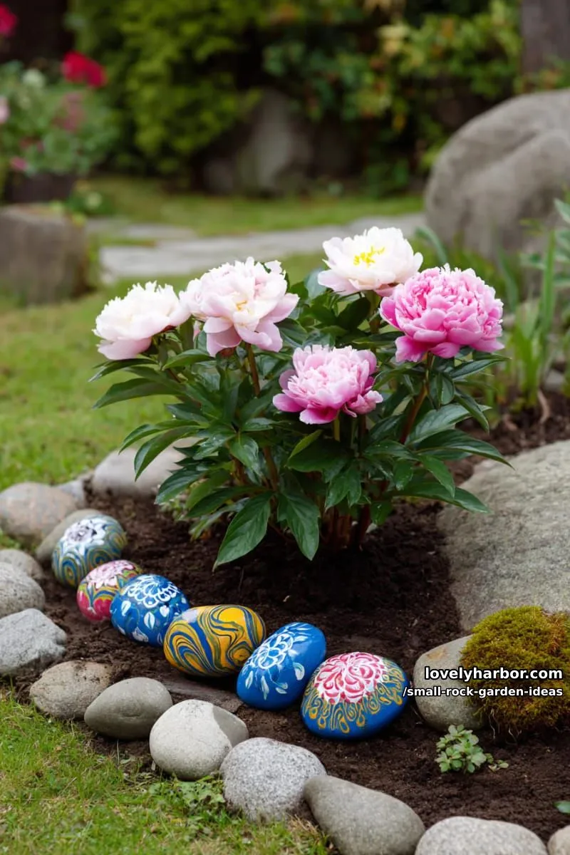 painted stones bordering peony flower bed with swirling colorful patterns. 1