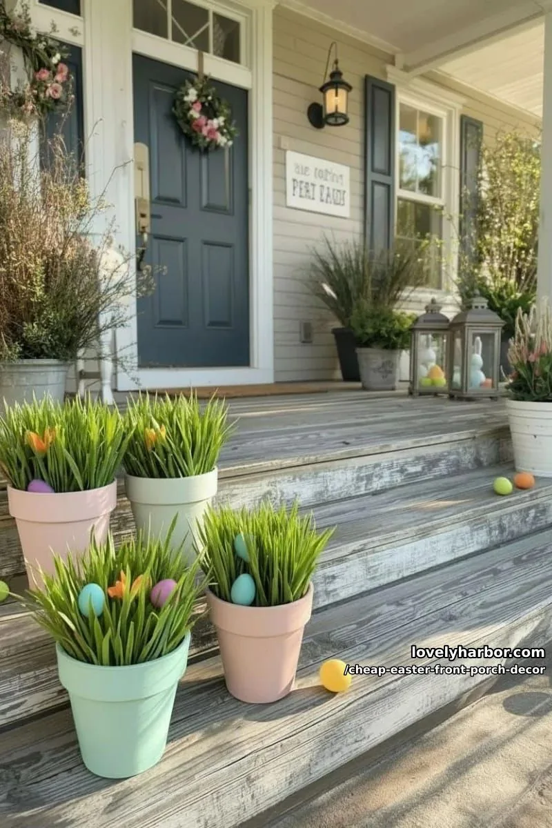15 Cheap Easter Front Porch Decor Ideas On A Budget 11 painted terra cotta pots filled with paper grass and plastic eggs 1