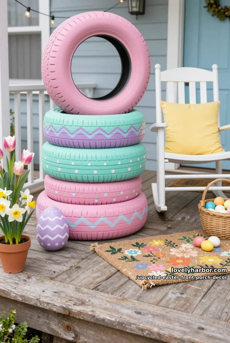 painted tire “giant egg” sculptures grouped beside a floral doormat 1