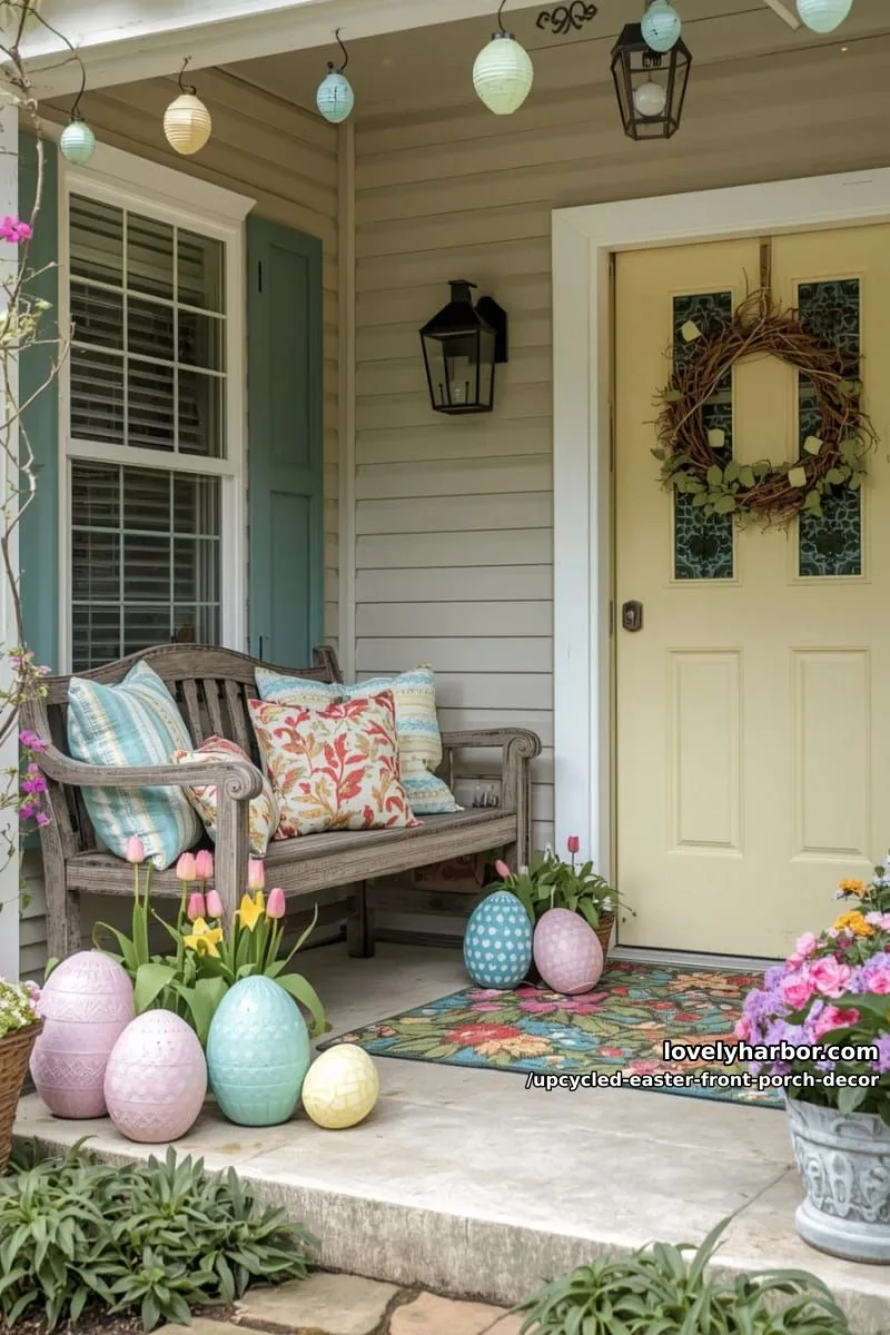 painted tire “giant egg” sculptures grouped beside a floral doormat 1