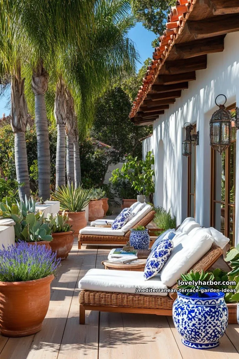 palm trees and agave plants bordering a sunlit lounging deck 1