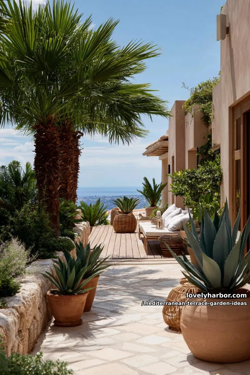 palm trees and agave plants bordering a sunlit lounging deck 1