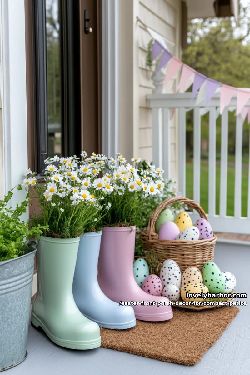 pastel egg-filled rain boots as whimsical planters by the front door 1
