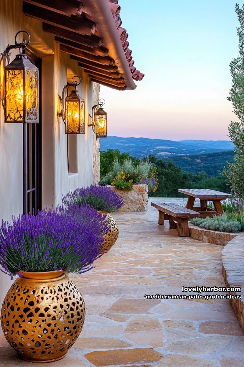 pathway illuminated by golden lanterns, flanked by lavender and agave plants 1