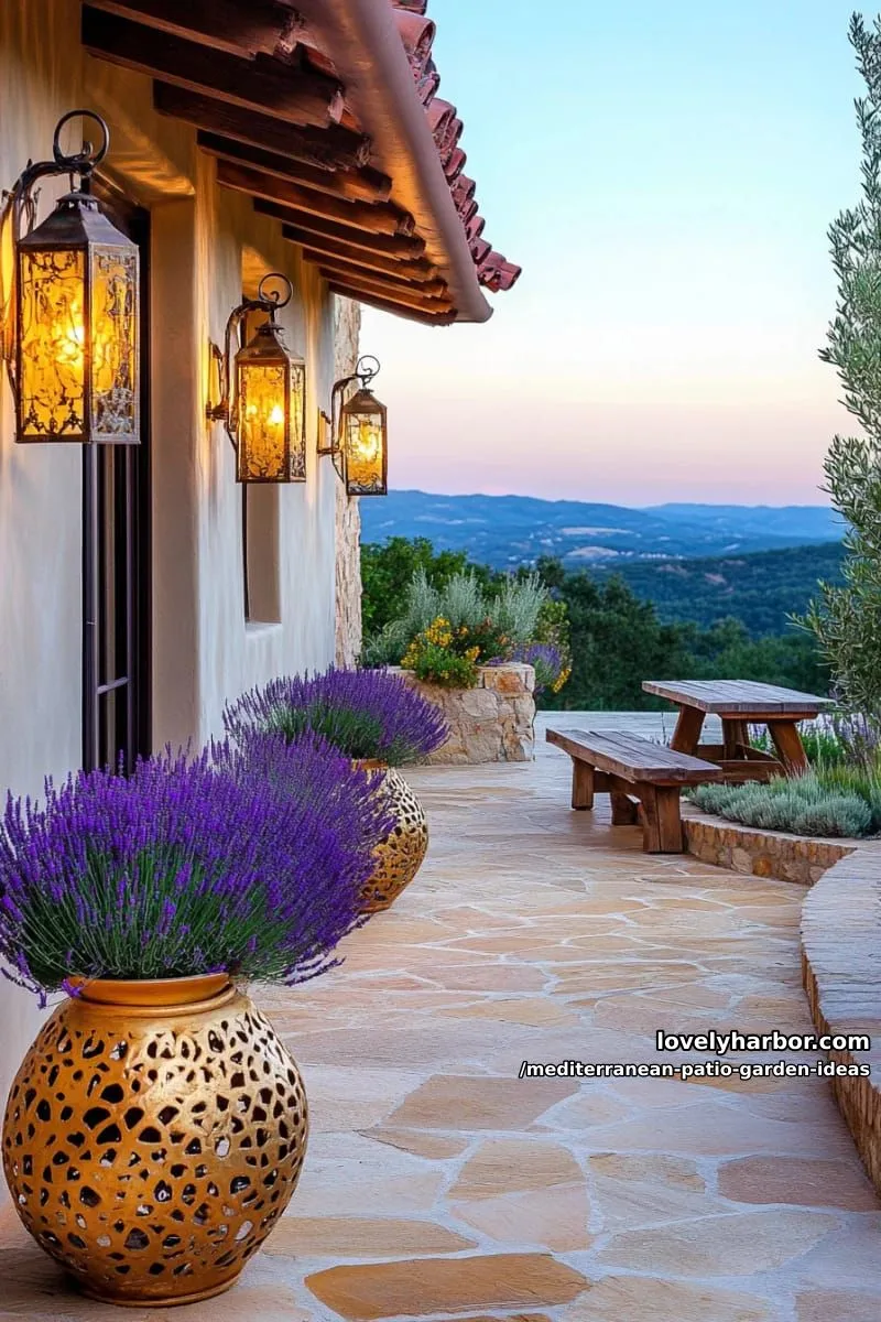 15 Mediterranean Patio Garden Ideas For A Dreamy Modern Homes 32 pathway illuminated by golden lanterns, flanked by lavender and agave plants 1