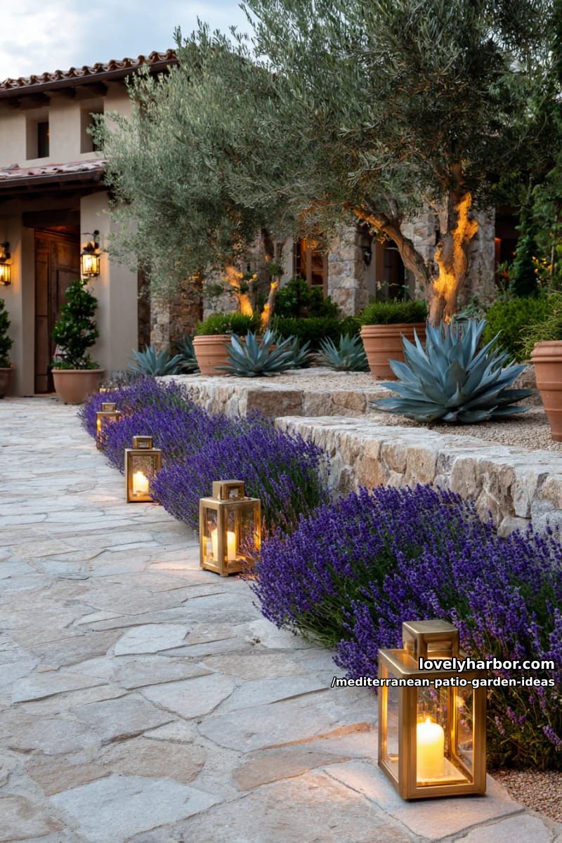 pathway illuminated by golden lanterns, flanked by lavender and agave plants 1