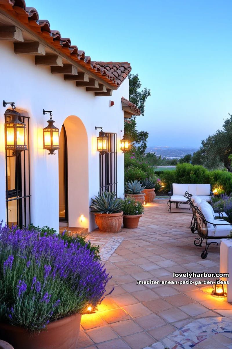 pathway illuminated by golden lanterns, flanked by lavender and agave plants 1
