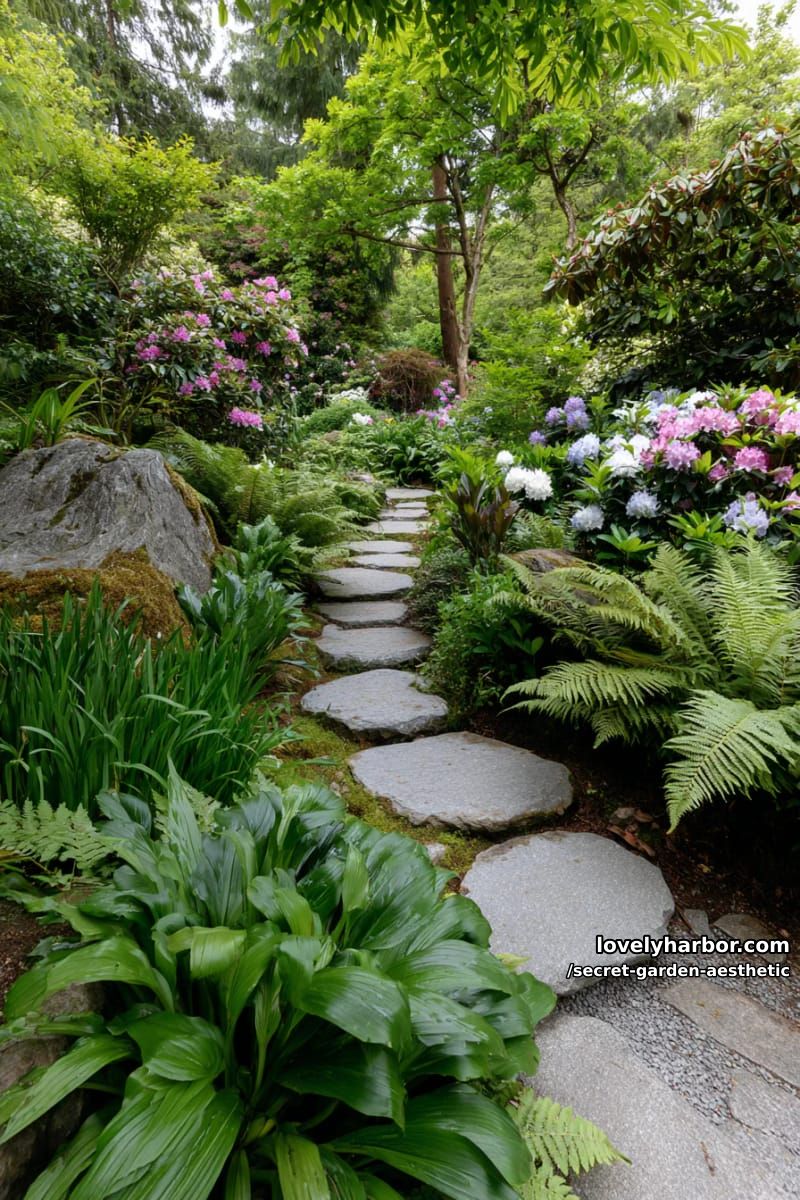 pathway of heart-shaped stepping stones through wildflowers and ferns 1