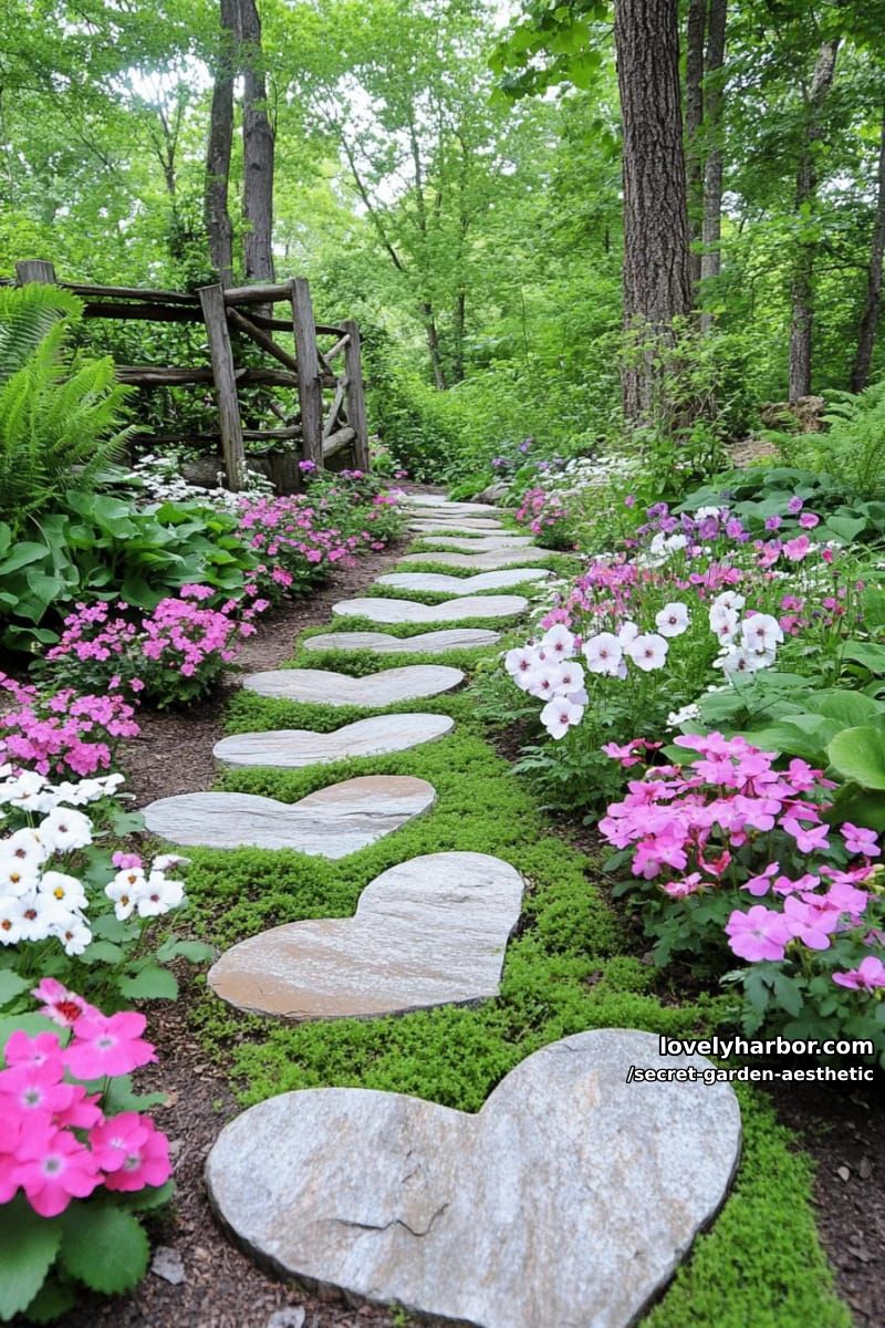 pathway of heart-shaped stepping stones through wildflowers and ferns 1