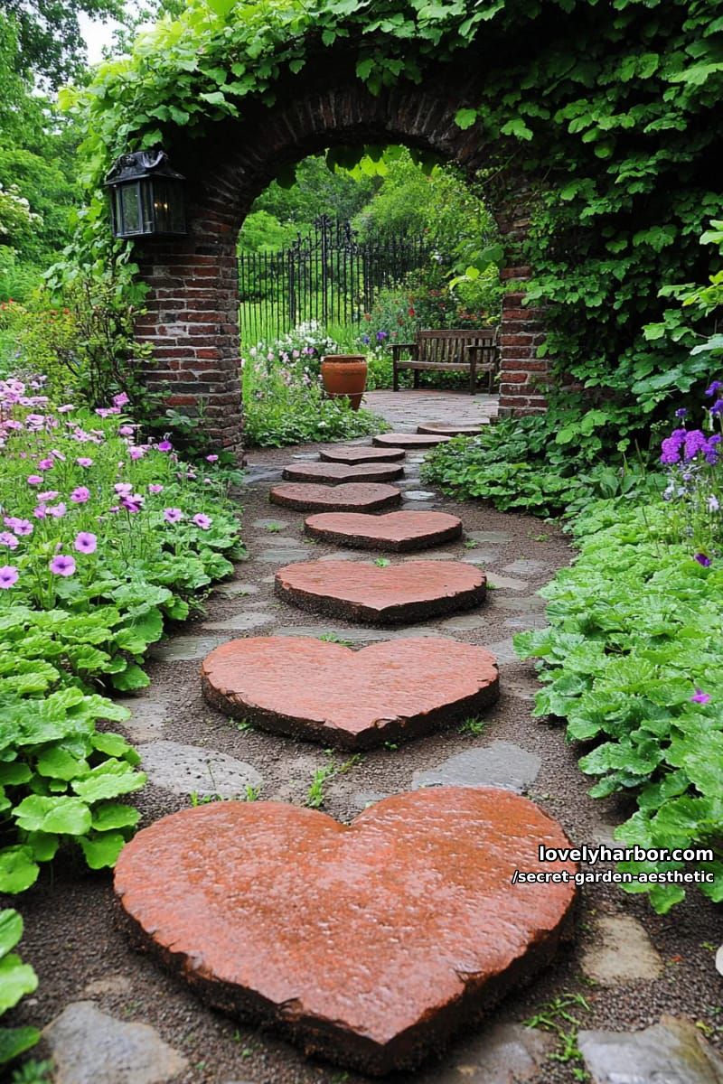 pathway of heart-shaped stepping stones through wildflowers and ferns 1