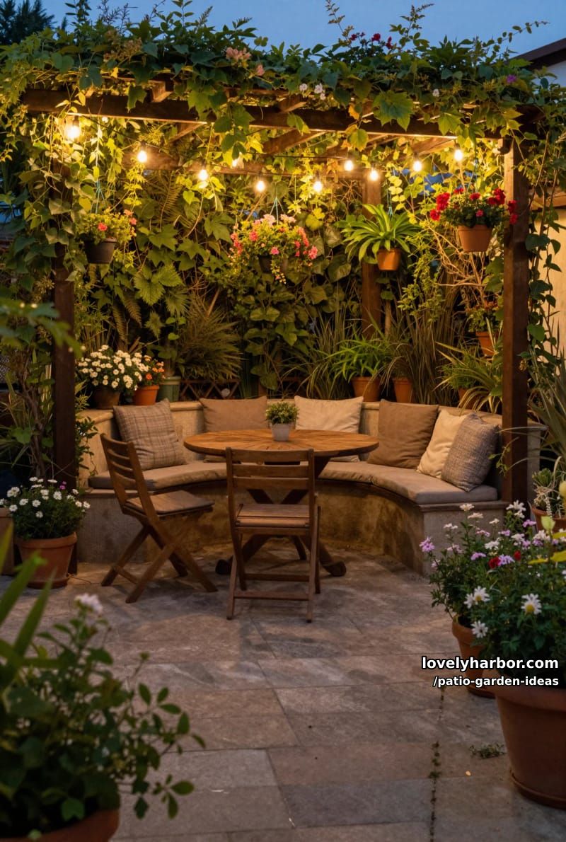 patio at dusk with pergola, string lights, built-in bench, and potted flowers. 1