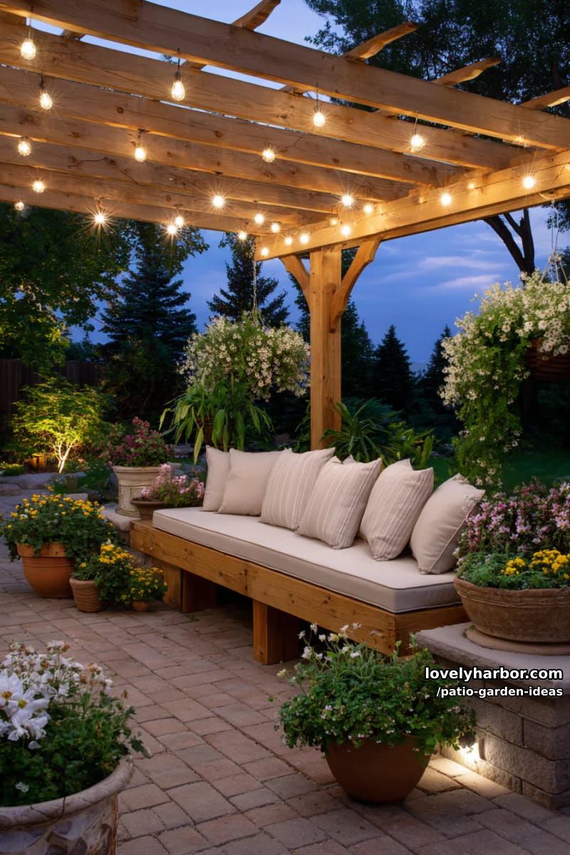 patio at dusk with pergola, string lights, built-in bench, and potted flowers. 1