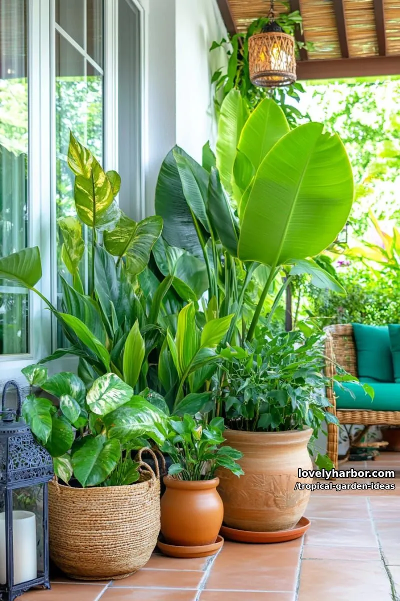 patio corner filled with potted tropical plants and lush green leaves. 1